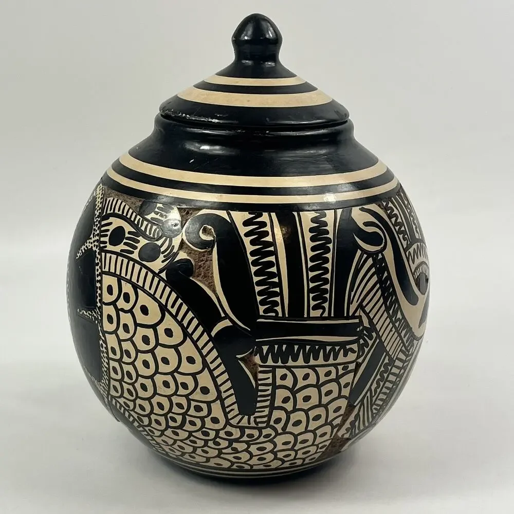 Vintage Sgraffito Pottery Lidded Jar Hand Carved Unique Handmade Black Tan Decor